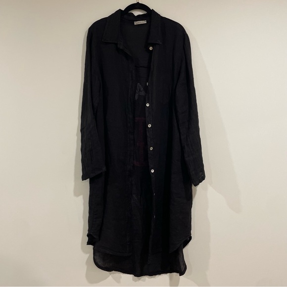 100% linen made in Italy black long sleeve button down tunic top peace and love - Picture 2 of 5